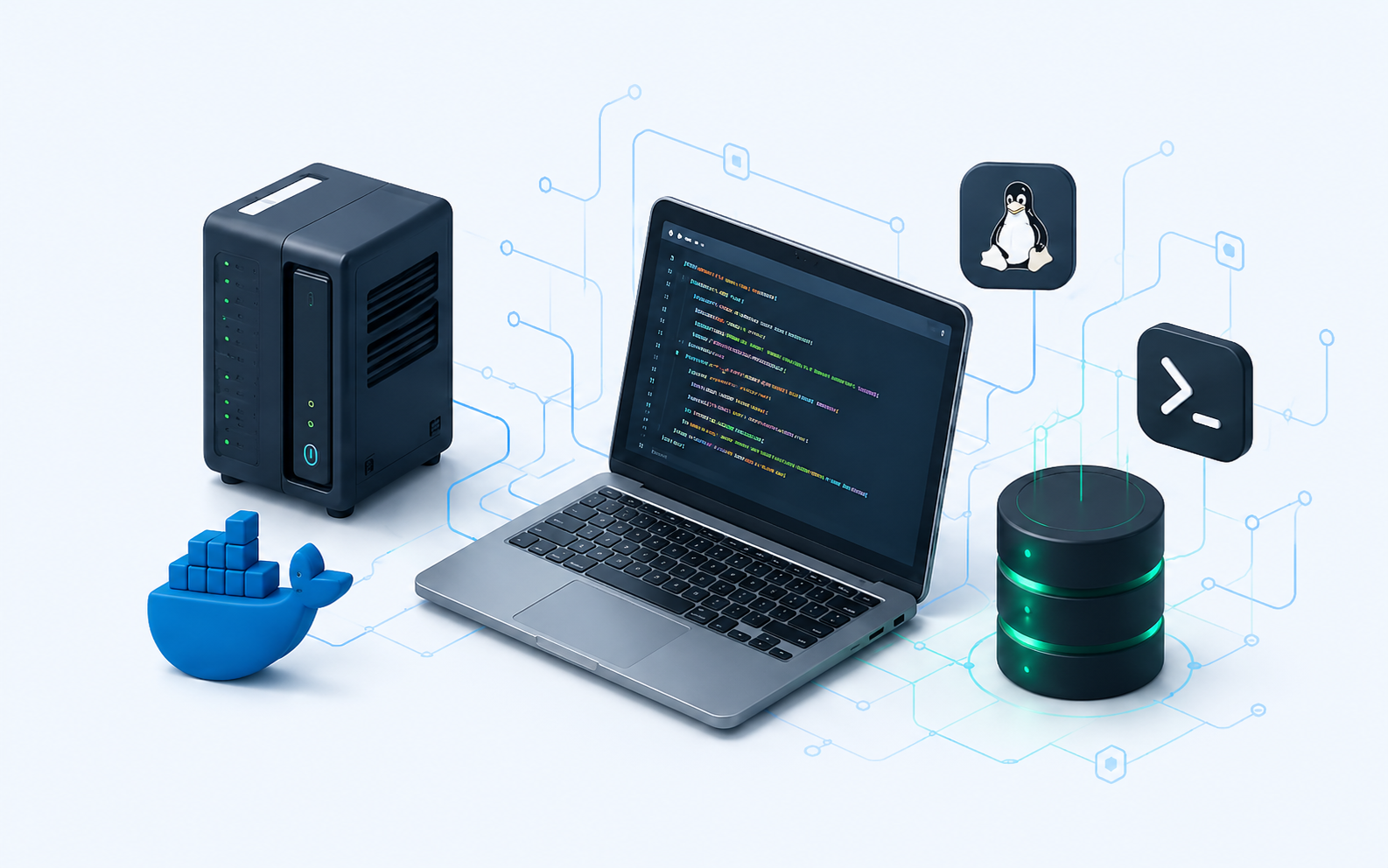 Laptop, server, Docker, Linux, and database illustration